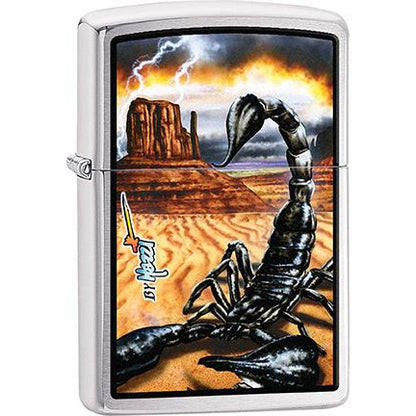 Zippo Windproof Metal Design Fire Lighter - Lifetime Refillable, Reusable Lighter for Smokers – Genuine Premium, Durable, Heavy Quality Chrome Finish Case - Mazzi Scorpion in Desert with Lightning