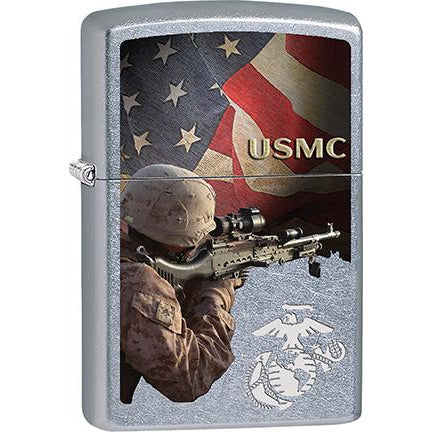 Zippo Windproof Metal Design Fire Lighter - Lifetime Refillable, Reusable Lighter for Smokers – Genuine Premium, Durable, Heavy Quality Chrome Finish Case - USMC Sniper with American Flag and Marines Crest