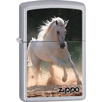 Zippo Windproof Metal Design Fire Lighter - Lifetime Refillable, Reusable Lighter for Smokers – Genuine Premium, Durable, Heavy Quality Chrome Finish Case - White Horse Running