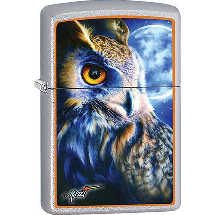 Zippo Windproof Metal Design Fire Lighter - Lifetime Refillable, Reusable Lighter for Smokers – Genuine Premium, Durable, Heavy Quality Chrome Finish Case - Mazzi Owl and Moon