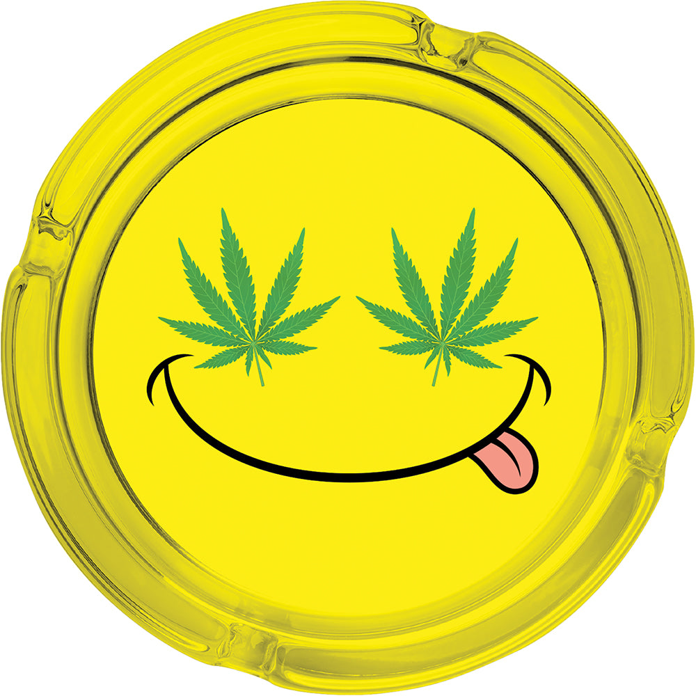 6.0" Extra Large Yellow Smiley Leaf Glass Ashtray, Perfect for Smoking Lounges, Patios, and Outdoor events - Durable and Easy to Clean