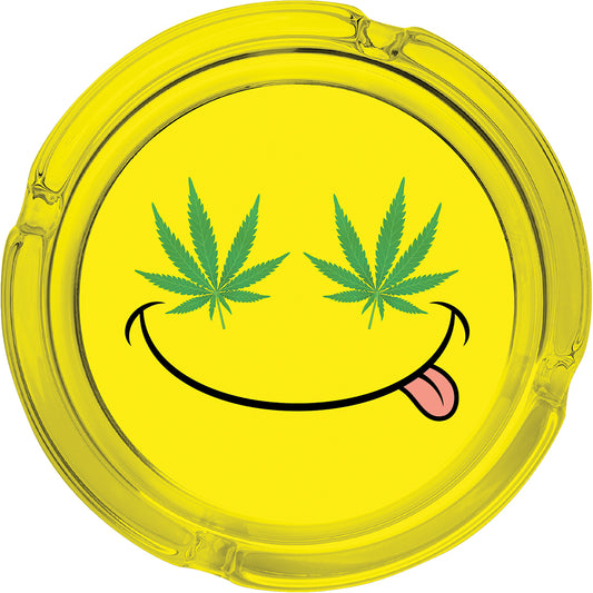 6.0" Extra Large Yellow Smiley Leaf Glass Ashtray, Perfect for Smoking Lounges, Patios, and Outdoor events - Durable and Easy to Clean