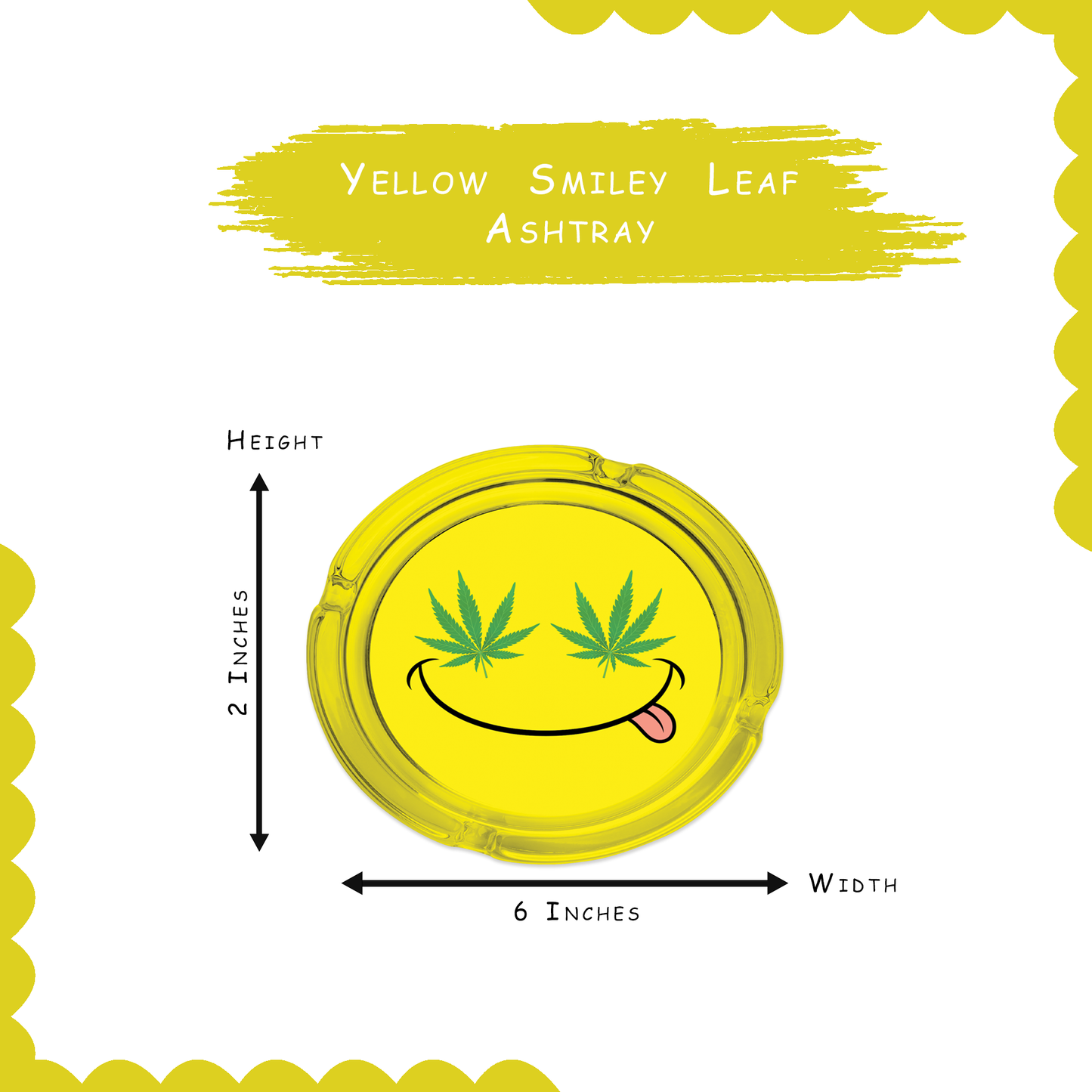 6.0" Extra Large Yellow Smiley Leaf Glass Ashtray, Perfect for Smoking Lounges, Patios, and Outdoor events - Durable and Easy to Clean