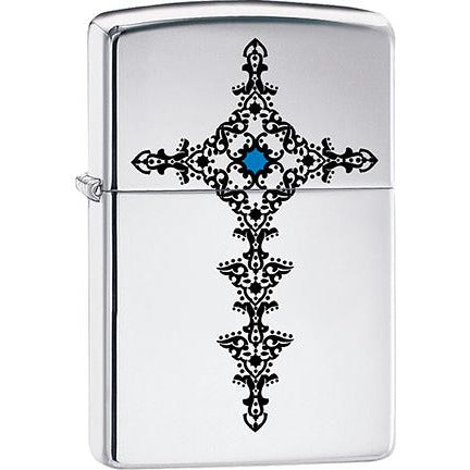 Zippo Windproof Metal Design Fire Lighter - Lifetime Refillable, Reusable Lighter for Smokers – Genuine Premium, Durable, Heavy Quality Chrome Finish Case - Decorative Cross with Blue Center