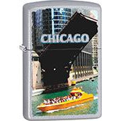 Zippo Windproof Metal Design Fire Lighter - Lifetime Refillable, Reusable Lighter for Smokers – Genuine Premium, Durable, Heavy Quality Chrome Finish Case - Chicago Waterfront with a Yellow Boat under a Bridge