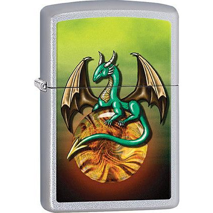 Zippo Windproof Metal Design Fire Lighter - Lifetime Refillable, Reusable Lighter for Smokers – Genuine Premium, Durable, Heavy Quality Chrome Finish Case - Green Baby Dragon on Dragon Egg