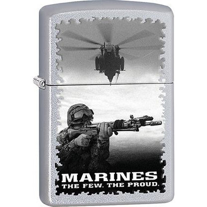 Zippo Windproof Metal Design Fire Lighter - Lifetime Refillable, Reusable Lighter for Smokers – Genuine Premium, Durable, Heavy Quality Chrome Finish Case - B&W "Marines, The Few The Proud" with Helicopter