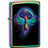 Zippo Windproof Metal Design Fire Lighter - Lifetime Refillable, Reusable Lighter for Smokers – Genuine Premium, Durable, Heavy Quality Chrome Finish Case - Pink Blue Green Floating Mushroom with Wings