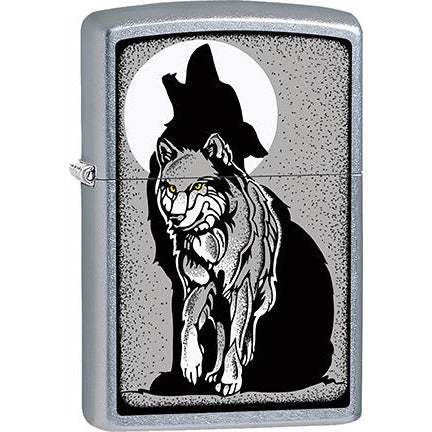 Zippo Windproof Metal Design Fire Lighter - Lifetime Refillable, Reusable Lighter for Smokers – Genuine Premium, Durable, Heavy Quality Chrome Finish Case - Grey Wolf Against White Moon