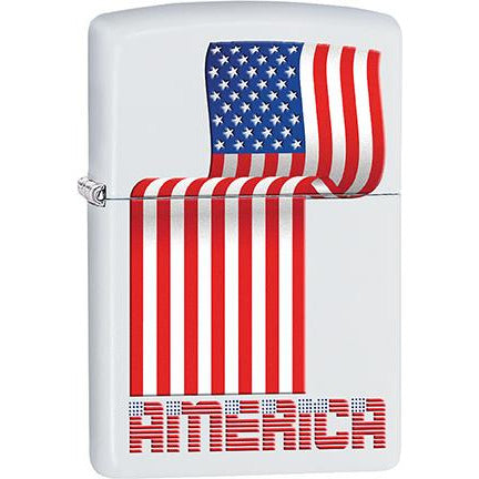 Zippo Windproof Metal Design Fire Lighter - Lifetime Refillable, Reusable Lighter for Smokers – Genuine Premium, Durable, Heavy Quality Chrome Finish Case - Curved American Flag White Matte