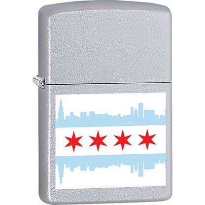 Zippo Windproof Metal Design Fire Lighter - Lifetime Refillable, Reusable Lighter for Smokers – Genuine Premium, Durable, Heavy Quality Chrome Finish Case - Chicago Skyline on Chicago Flag