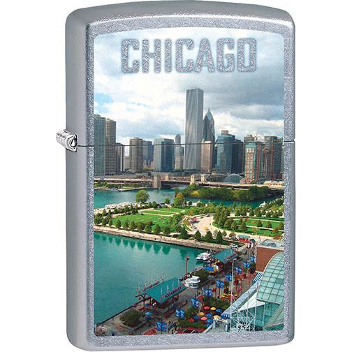 Zippo Windproof Metal Design Fire Lighter - Lifetime Refillable, Reusable Lighter for Smokers – Genuine Premium, Durable, Heavy Quality Chrome Finish Case - Chicago Shore and Downtown