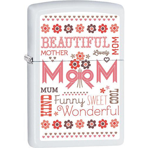 Zippo Windproof Metal Design Fire Lighter - Lifetime Refillable, Reusable Lighter for Smokers – Genuine Premium, Durable, Heavy Quality Chrome Finish Case - Mom Appreciation in Pink Letters with Pink & Red Flowers.