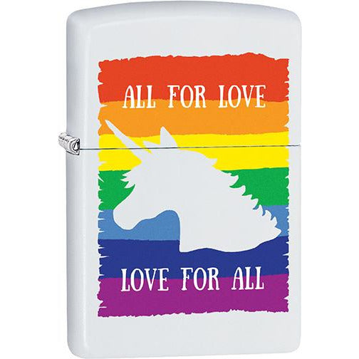 Zippo Windproof Metal Design Fire Lighter White Matte - "All For Love, Love For All" Rainbow Unicorn