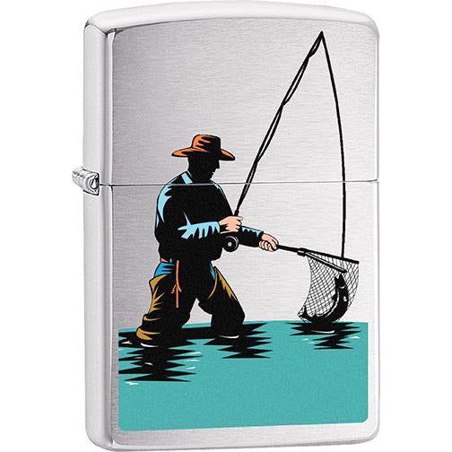 Zippo Windproof Metal Design Fire Lighter - Lifetime Refillable, Reusable Lighter for Smokers – Genuine Premium, Durable, Heavy Quality Chrome Finish Case - Fly Fisherman in Water