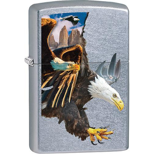 Zippo Windproof Metal Design Fire Lighter - Lifetime Refillable, Reusable Lighter for Smokers – Genuine Premium, Durable, Heavy Quality Chrome Finish Case - Flying Bald Eagles on Brushed Chrome Base.