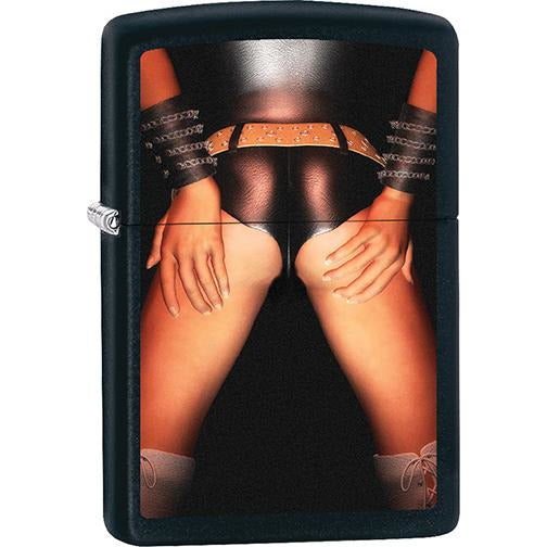 Zippo Windproof Metal Design Fire Lighter - Lifetime Refillable, Reusable Lighter for Smokers – Genuine Premium, Durable, Heavy Quality Chrome Finish Case - Girl in Black Leather with Hands on Butt