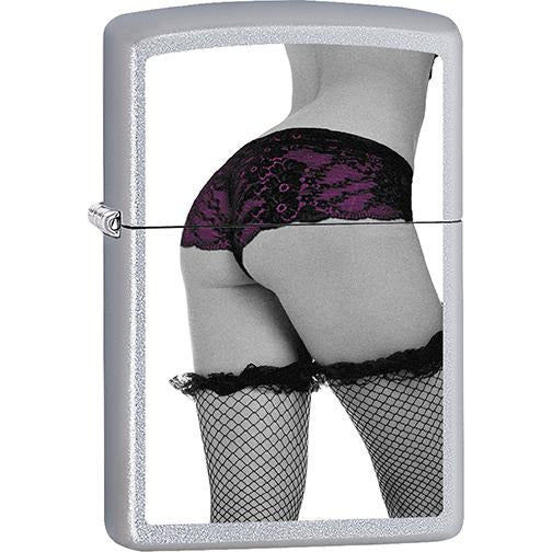 Zippo Windproof Metal Design Fire Lighter - Lifetime Refillable, Reusable Lighter for Smokers – Genuine Premium, Durable, Heavy Quality Chrome Finish Case - Girl Butt in Purple Pantie and Fishnet Stockings