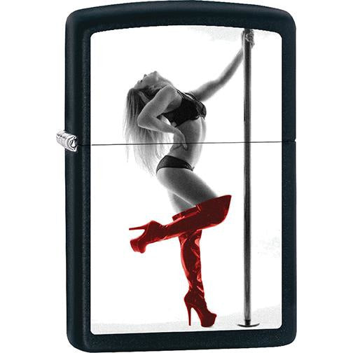 Zippo Windproof Metal Design Fire Lighter - Lifetime Refillable, Reusable Lighter for Smokers – Genuine Premium, Durable, Heavy Quality Chrome Finish Case - Girl in Red Boots and Black Lingerie Holding a Pole