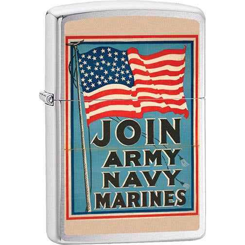 Zippo Windproof Metal Design Fire Lighter - Lifetime Refillable, Reusable Lighter for Smokers – Genuine Premium, Durable, Heavy Quality Chrome Finish Case - Vintage "Join Army Navy Marine"  with U.S. Flag