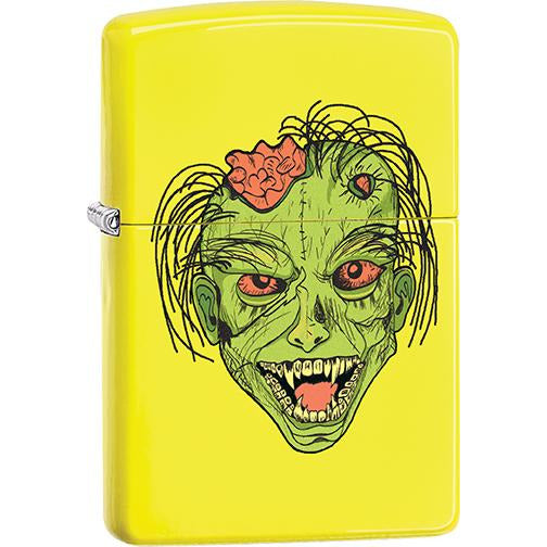 Zippo Windproof Metal Design Fire Lighter - Lifetime Refillable, Reusable Lighter for Smokers – Genuine Premium, Durable, Heavy Quality Chrome Finish Case - Green Zombie Head and Brain