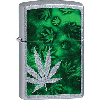 Zippo Windproof Metal Design Fire Lighter - Lifetime Refillable, Reusable Lighter for Smokers – Genuine Premium, Durable, Heavy Quality Chrome Finish Case - Chrome Marijuana Leaf On Green Leaves