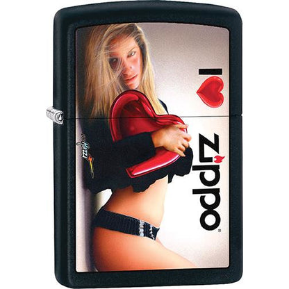 Zippo Windproof Metal Design Fire Lighter - Lifetime Refillable, Reusable Lighter for Smokers – Genuine Premium, Durable, Heavy Quality Chrome Finish Case - Mazzi Woman in Black Pantie holding a Red Heart