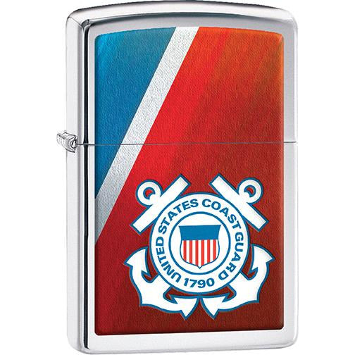 Zippo Windproof Metal Design Fire Lighter - Lifetime Refillable, Reusable Lighter for Smokers – Genuine Premium, Durable, Heavy Quality Chrome Finish Case - U.S. Coast Guard Crest Red-White-Blue