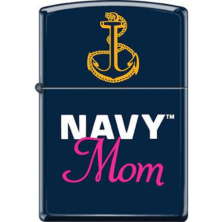 Zippo Windproof Metal Design Fire Lighter - Lifetime Refillable, Reusable Lighter for Smokers – Genuine Premium, Durable, Heavy Quality Chrome Finish Case - Yellow Anchor above "NAVY MOM" on Navy Blue