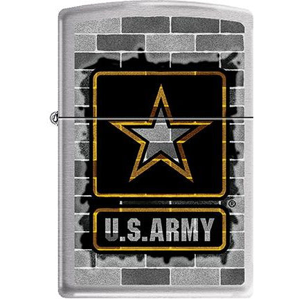 Zippo Windproof Metal Design Fire Lighter - Lifetime Refillable, Reusable Lighter for Smokers – Genuine Premium, Durable, Heavy Quality Chrome Finish Case - Black U.S. Army Symbol on Grey Brick Wall