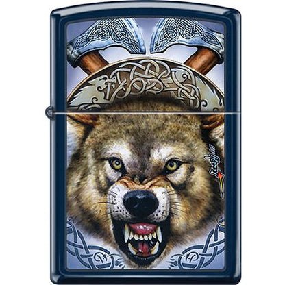 Zippo Windproof Metal Design Fire Lighter - Lifetime Refillable, Reusable Lighter for Smokers – Genuine Premium, Durable, Heavy Quality Chrome Finish Case - Mazzi Wolf and Axes