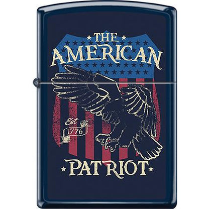 Zippo Windproof Metal Design Fire Lighter - Lifetime Refillable, Reusable Lighter for Smokers – Genuine Premium, Durable, Heavy Quality Chrome Finish Case - "The American Patriot" with Eagle & Flag on Matte Navy Blue