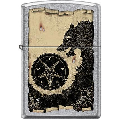 Zippo Windproof Metal Design Fire Lighter - Lifetime Refillable, Reusable Lighter for Smokers – Genuine Premium, Durable, Heavy Quality Chrome Finish Case - Black Wolf, Sigil of Baphomet