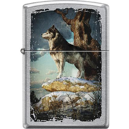 Zippo Windproof Metal Design Fire Lighter - Lifetime Refillable, Reusable Lighter for Smokers – Genuine Premium, Durable, Heavy Quality Chrome Finish Case - Grey & Black Wolf on Snow-Covered Rock