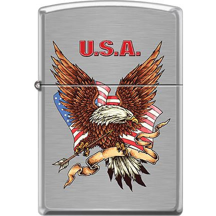 Zippo Windproof Metal Design Fire Lighter - Lifetime Refillable, Reusable Lighter for Smokers – Genuine Premium, Durable, Heavy Quality Chrome Finish Case - U.S.A. Eagle, Flag, Arrow, & Tassel Design.