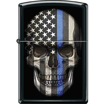 Zippo Windproof Metal Design Fire Lighter - Lifetime Refillable, Reusable Lighter for Smokers – Genuine Premium, Durable, Heavy Quality Chrome Finish Case - Blue Line and U.S. Flag on Skull Design