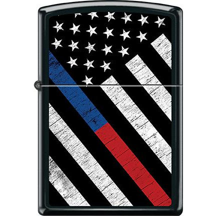 Zippo Windproof Metal Design Fire Lighter - Lifetime Refillable, Reusable Lighter for Smokers – Genuine Premium, Durable, Heavy Quality Chrome Finish Case - Blue Red Line on B&W U.S. Flag on Black Base.