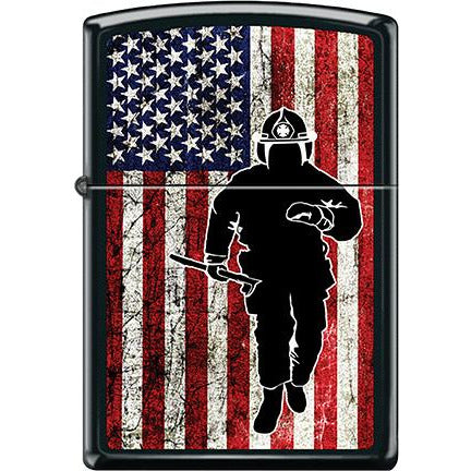 Zippo Windproof Metal Design Fire Lighter - Lifetime Refillable, Reusable Lighter for Smokers – Genuine Premium, Durable, Heavy Quality Chrome Finish Case - Fire Fighter on U.S. Flag Design on Black Base.