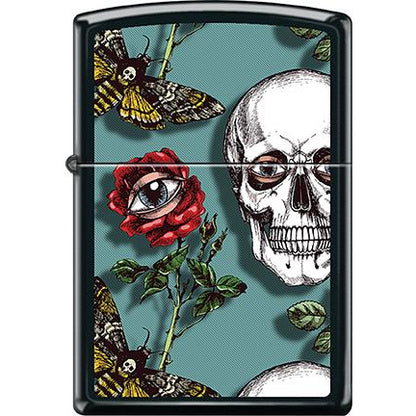 Zippo Windproof Metal Design Fire Lighter - Lifetime Refillable, Reusable Lighter for Smokers – Genuine Premium, Durable, Heavy Quality Chrome Finish Case - Skull Rose Eye Butterfly Design