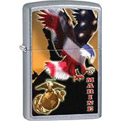 Zippo Windproof Metal Design Fire Lighter - Lifetime Refillable, Reusable Lighter for Smokers – Genuine Premium, Durable, Heavy Quality Chrome Finish Case - Eagle with US Flag & USMC Symbol