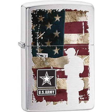 Zippo Windproof Metal Design Fire Lighter - Lifetime Refillable, Reusable Lighter for Smokers – Genuine Premium, Durable, Heavy Quality Chrome Finish Case - U.S. Army Star with American Flag & Soldier