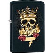 Zippo Windproof Metal Design Fire Lighter - Lifetime Refillable, Reusable Lighter for Smokers – Genuine Premium, Durable, Heavy Quality Chrome Finish Case - Gold Skull and Crown with Red Roses