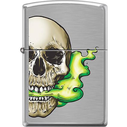 Zippo Windproof Metal Design Fire Lighter - Lifetime Refillable, Reusable Lighter for Smokers – Genuine Premium, Durable, Heavy Quality Chrome Finish Case - Green Smoking Skull