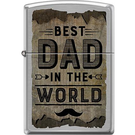 Zippo Windproof Metal Design Fire Lighter - Lifetime Refillable, Reusable Lighter for Smokers – Genuine Premium, Durable, Heavy Quality Chrome Finish Case - "Best Dad in the World" with Mustache on Brushed Chrome.