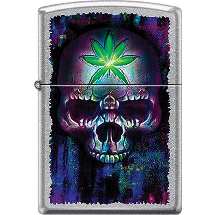 Zippo Windproof Metal Design Fire Lighter - Lifetime Refillable, Reusable Lighter for Smokers – Genuine Premium, Durable, Heavy Quality Chrome Finish Case - Green Cannabis Leaf Purple & Blue Skull