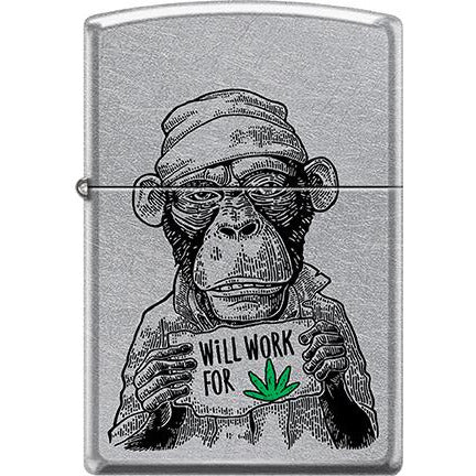 Zippo Windproof Metal Design Fire Lighter - Lifetime Refillable, Reusable Lighter for Smokers – Genuine Premium, Durable, Heavy Quality Chrome Finish Case - Monkey in Hat "Working for Weed"
