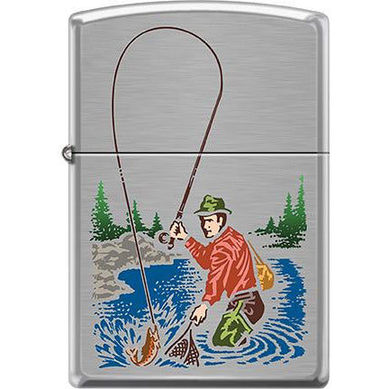 Zippo Windproof Metal Design Fire Lighter - Lifetime Refillable, Reusable Lighter for Smokers – Genuine Premium, Durable, Heavy Quality Chrome Finish Case - Firsherman in Water Catching Fish