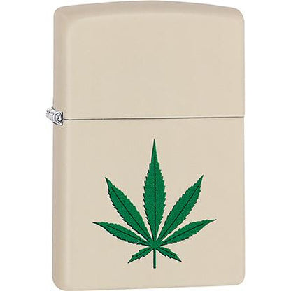 Zippo Windproof Metal Design Fire Lighter - Lifetime Refillable, Reusable Lighter for Smokers – Genuine Premium, Durable, Heavy Quality Chrome Finish Case - Green Marijuana Leaf Cream Matte