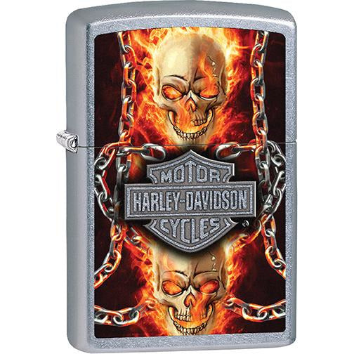 Zippo Windproof Metal Design Fire Lighter - Lifetime Refillable, Reusable Lighter for Smokers – Genuine Premium, Durable, Heavy Quality Chrome Finish Case - Harley-Davidson Chains Flames and Skulls