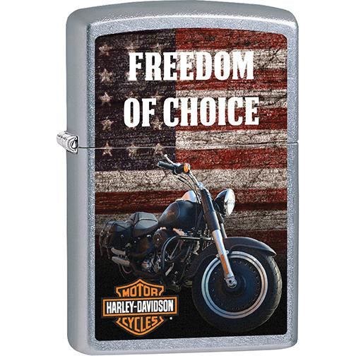 Zippo Windproof Metal Design Fire Lighter - Lifetime Refillable, Reusable Lighter for Smokers – Genuine Premium, Durable, Heavy Quality Chrome Finish Case - Harley-Davidson Bike and Flag- Freedom Of Choice